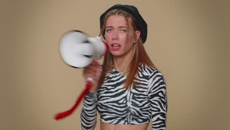 Pretty-girl-loudly-scream-in-megaphone-loudspeaker-announces-advertisement-discounts-sale-Hurry-up