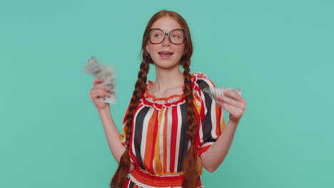 Redhead-girl-holding-cash-money-dollar-celebrate-dance,-success-business-career,-lottery-game-winner