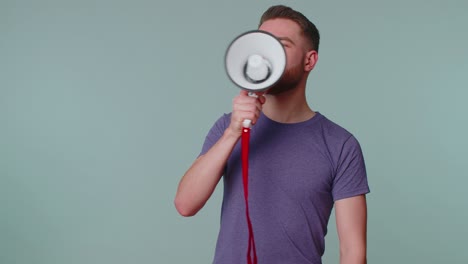 Smiling-bearded-man-talking-with-megaphone,-proclaiming-news,-loudly-announcing-sale-advertisement