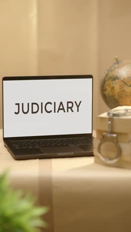 Vertikales-Video-Der-Justiz,-Angezeigt-Auf-Dem-Bildschirm-Eines-Juristischen-Laptops