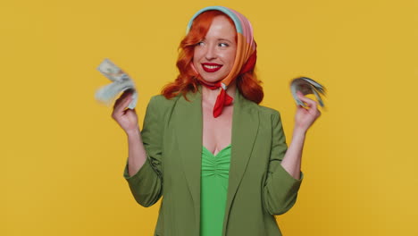 Redhead-girl-holding-cash-money-dollar-celebrate-dance,-success-business-career,-lottery-game-winner