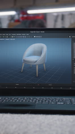 Pantalla-De-Computadora-Portátil-Con-Programa-De-Ai-Profesional-Mostrado-Para-Diseño-De-Muebles-Futuristas.-Modelo-Digital-3d-De-Elegante-Silla-De-Madera-Para-Proyecto-De-Carpintería.-Tiro-Vertical