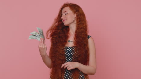 Redhead-girl-holding-cash-money-dollar-celebrate-dance,-success-business-career,-lottery-game-winner