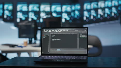 Focus-on-script-running-on-laptop-in-server-room,-close-up-shot