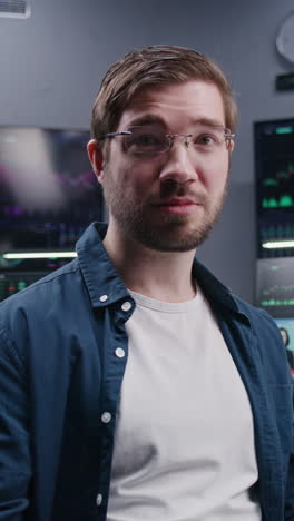 Male-financial-analyst-sits-at-workplace,-talks-into-the-camera-and-look-at-it.-Coworkers-analyze-exchange-market-charts-on-big-screens-at-background.-Vertical-shot.-Portrait.