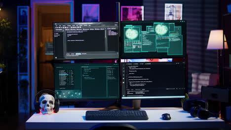High-tech-computer-system-running-malicious-code-in-empty-apartment