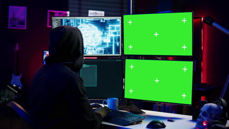 Hacker-using-AI-and-green-screen-computer-monitors-to-produce-malicious-malware