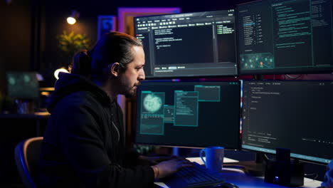 Hacker-Tippen-Schnell-Auf-Der-Tastatur-Und-Beeilen-Sich,-Die-Entwicklung-Von-Spyware-Software-Abzuschließen