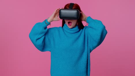 Mädchen-Nutzt-Virtual-Reality-Futuristische-Technologie-VR-Headset-Helm,-Um-Simulation-3D-Videospiel-Zu-Spielen