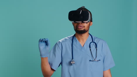 Doctor-wearing-virtual-reality-goggles,-remotely-operating-patient