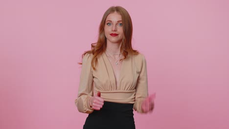 Businesswoman-girl-in-beige-blouse-showing-thumbs-up-and-nodding-in-approval,-successful-good-work