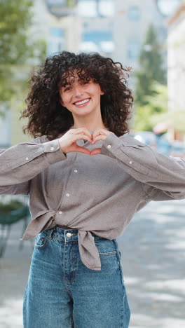 Una-Mujer-Joven-Hace-Un-Símbolo-De-Amor,-Muestra-Un-Signo-De-Corazón-A-La-Cámara,-Expresa-Sentimientos-Románticos-Positivos