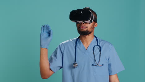 Nurse-wearing-virtual-reality-headset-remotely-operating-patient