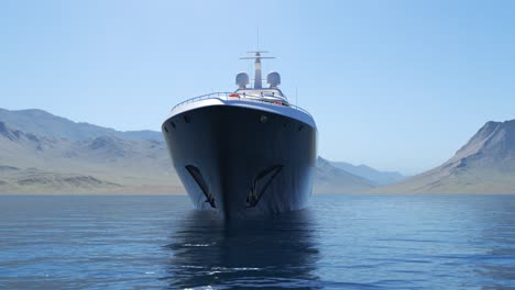 Vuela-Lejos-Del-Yate-De-Lujo-Moderno-Y-Genérico.-Montañas-En-El-Fondo-Durante-La-Puesta-De-Sol.-Barco-En-El-Océano-O-Agua-De-Mar-Que-Simboliza-Vacaciones,-Turismo,-Vacaciones-Y-Navegación.