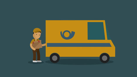 Cartoon-animation-of-the-delivery-service-courier-man-taking-a-parcel-from-the-post-office-building-and-placing-it-in-his-delivery-truck.-Transportation-or-shipping-concept.