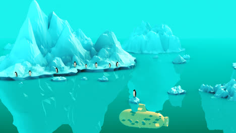 Paisaje-ártico.-Fauna-En-El-Polo-Sur.-Lindos-Pingüinos-En-El-Iceberg-Observando-El-Submarino-Amarillo-Que-Emerge-Del-Océano.-La-Orca-Ataca-Y-Se-Come-A-Uno-De-Los-Pingüinos.