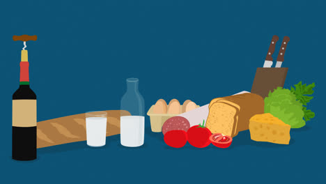 Cartoon-flat-style-animation-of-groceries-on-dark-blue-background.-Wine-Bottle-With-Bread,-Milk,-Salad,-Parmesan-Cheese,-Salami-and-vegetables.-Background-for-shopping,--market,-diet,-meal-preparation