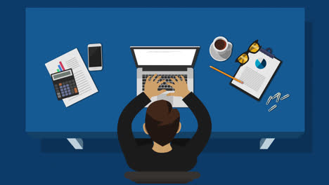 Cartoon-animation-of-the-businessman-working-on-the-laptop-surrounded-with-many-office-supplies-like-papers,-binders-smartphone-and-cup-of-coffee.-Business-or-financial-concept.