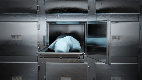 Close-up-on-the-opened-locker-in-the-morgue.-A-dead-body-covered-with-cloth.-Mortuary-is-used-for-the-storage-of-human-corpses-awaiting-identification,-autopsy-or-burial.