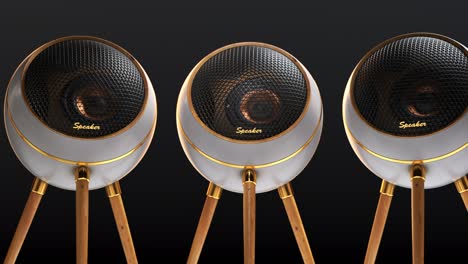 Altavoces-Retro-De-Lujo-Sobre-Un-Trípode-De-Madera-Con-Piezas-Doradas-En-Un-Bucle-Sin-Fin.-Las-Suaves-Luces-Del-Estudio-Iluminan-Las-Membranas-Mientras-Vibran-En-Frecuencias-Uniformes,-Lo-Que-Sugiere-Una-Música-Fuerte-Y-Potente.