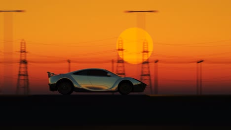 Animation-of-the-silhouette-of-sports-car-driving-on-the-street-during-dusk.-Urban-landscape-with-the-cable-towers-on-the-background-next-to-the-orange-sky.-Highway-high-speed-transportation-concept