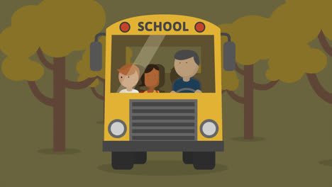 Three-children-are-waiting-on-a-bus-at-the-bus-stop.-The-yellow-vehicle-arrives-and-carrying-the-children.-After-short-travel-bus-stops-in-front-of-the-elementary-school-building.-Cartoon-animation