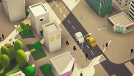 Low-poly-3d-animation-of-the-city-life.-Aerial-view-of-the-cityscape-with-the-electrical-charging-station.-The-electric-car-is-recharging-its-battery-after-the-long-journey.