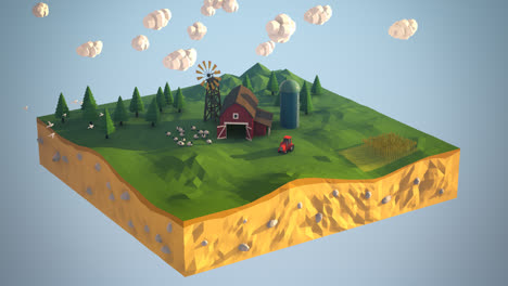 Low-poly-animation.-Sunny-day-in-the-village.-Rural-landscape-with-green-trees-and-little-farm.-Red-barn,-silo-and-sheep-herd-on-the-meadow.-The-crops-on-the-field-are-waiting-for-harvest.