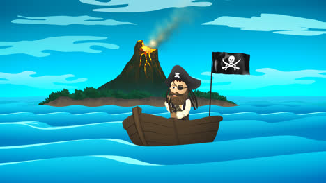 A-boat-with-the-calm-pirate-with-the-mustache-and-a-hat-in-front-of-active-volcano-mountain-on-the-island-in-the-middle-of-the-ocean.-Hot,-glowing-lava-and-smoke-annunciate-the-natural-disaster.