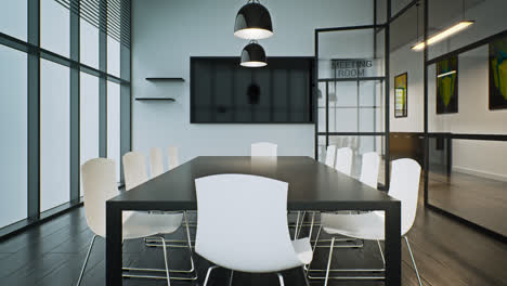 Modern-glass-conference-room.-The-place-in-the-corporate-building,-where-employees-and-management-have-a-meeting.--The-hall-equipped-with-large-table,-chairs,-and-board-used-for-presentations.