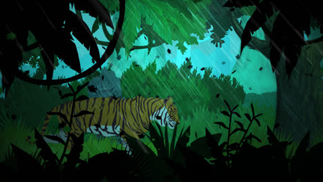 The-illustration-of-the-dense-tropical-rainforest-in-the-morning.-The-alone-tiger-is-walking-near-the-exotic-plants-and-fresh-grass.-An-old,-stone-statues-hidden-in-a-colorful-jungle-with-wild-trees.