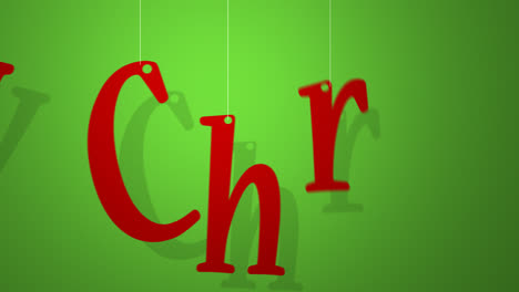 Happy-holidays!-Cartoon-concept-with-the-decorative-motif-of-a-red-letters-hanging-on-a-string,-falling-down-and-creating-a-Merry-Christmas-word-on-the-green-background.