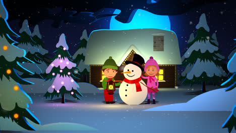 Happy-holidays!-Snow-is-falling-on-winter,-Christmas-landscape-with-illuminated-trees.-The-kids-are-building-the-snowman-in-front-of-the-old,-wooden-cottage-covered-by-the-snow.