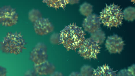 3d-animation-of-generic-virus-or-bacteria-Virion-spherical-structure-particles-floating-in-the-fluid-on-a-green-background.-Influenza,-HIV,-poliovirus,-H1N1,-pathogens.-Vaccination,-epidemic-concept.