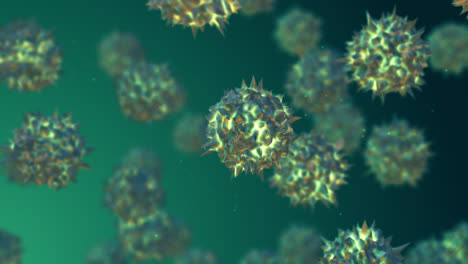 3D-Animation-Von-Generischen-Virus--Oder-Bakterienvirionpartikeln-Mit-Kugelförmiger-Struktur,-Die-In-Einer-Flüssigkeit-Auf-Grünem-Hintergrund-Schwimmen.-Grippe,-HIV,-Poliovirus,-H1N1,-Krankheitserreger.-Impfung,-Epidemiekonzept.