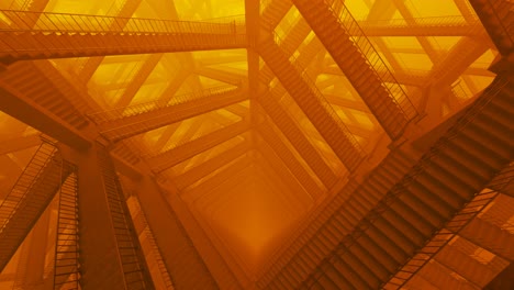 Camera-moving-downwards-in-an-endless-loop-showing-climatic,-brutalist-stair-maze-made-out-of-reinforced-concrete.-Bright-orange-light,-fog-and-moody-atmosphere-creating-a-dreamlike,-abstract-scene.
