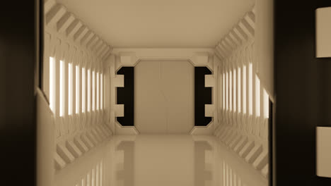 Visionary-science-fiction-3d-concept.-View-on-the-interior-of-the-interstellar-glactic-spaceship.-Modern-futuristic-corridor-with-the-sliding-door-module.-The-gate-open-showing-the-hall-behind-them.