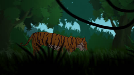 The-illustration-of-the-dense-tropical-rainforest-in-the-morning.-The-alone-tiger-is-running-near-the-exotic-plants-and-fresh-grass.-An-old,-stone-statues-hidden-in-a-colorful-jungle-with-wild-trees.