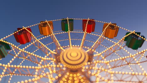 Colorful-Ferris-wheel-spinning-slowly-in-amusement-park-with-sky-in-the-background.-Ride-on-carousel-represents-entertainment-and-fun.-Endless,-seamless-loop.-Blue-sky-in-the-background.