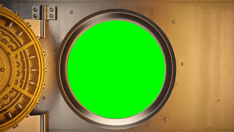 Bank-vault-door-opening-with-camera-following-inside.-Green-screen-in-the-opening.-Secure-space-for-money,-valuables,-documents.-Complex-lock-witch-golden-mechanisms-protecting-from-theft.-4k-HD