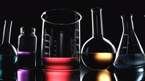 Seamless-looping-animation-of-laboratory-glassware-filled-with-colorful-liquids.-Multi-colored-light-passes-through-the-glass-beakers,-flasks-and-liquids-with-caustic-effect.-Concept-of-science,-lab