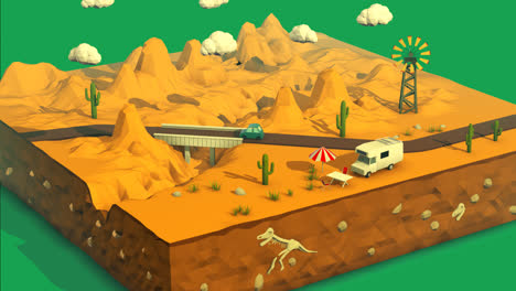 Low-poly-animation.-Sunny-desert-landscape-with-rocky-terrain-and-a-solar-panels.-The-highway-with-the-lonely-car-driving-over-the-bridge.-The-recreational-vehicle-stands-offroad-on-the-yellow-sand.