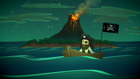 A-boat-with-the-calm-pirate-with-the-mustache-and-a-hat-in-front-of-active-volcano-mountain-on-the-island-in-the-middle-of-the-ocean.-Hot,-glowing-lava-and-smoke-annunciate-the-natural-disaster.