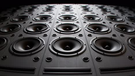 Playing-cabinet-speakers-stacked-on-a-concert-stage-in-form-of-an-endless-wall-pattern.-Powerful,-versatile-stage-equipment-lit-by-a-spotlight,-creating-a-moody-and-climatic-music-festival-atmosphere.