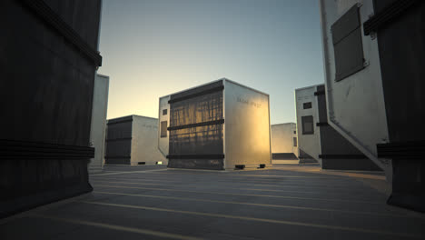 Cargo-containers-standing-on-an-airport-ground-waiting-for-loading-with-baggage.-Camera-zoom-on-one-steel-container-lit-by-warm-sunlight.-Background-for-transportation,-freight,-aircraft,-travel