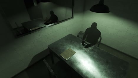 Timelapse-animation-of-an-interrogation-room-with-dark-silhouette-of-a-handcuffed-man-waiting-for-an-interview.-Investigation-of-a-crime.-Relation-of-the-own-version-of-the-sequence-of-events.