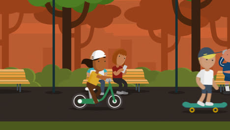 Cartoon-animation-of-the-young-people-sitting-on-a-bench-in-the-park.-A-boy-is-using-a-laptop-and-girl-is-checking-her-smartphone.--People-are-jogging-and-riding-on-a-bike-next-to-them.