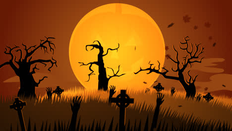 A-scary,-autumn-night.-Zombie-walking-on-the-haunted,-mysterious-graveyard-with-dark-silhouettes-of-spooky-trees-full-of-creepy-jack-o-lanterns.-Full-moon-is-raising.