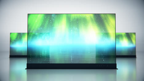 Presentation-of-three-flat-screens,-translucent-TV-from-the-future.-Invisible-TV,-OLED-technology,-Plasma.-Displaying-idyllic,-abstract-animation-on-a-screen.-Sleek,-clean-see-through-new-technology