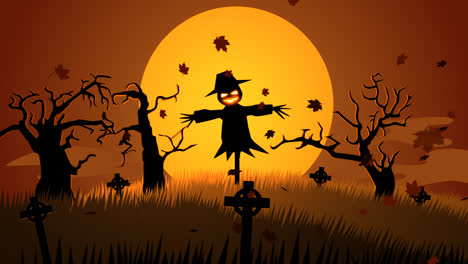 Creepy,-black-scarecrow-on-the-haunted,-mysterious-graveyard-with-old-tombstones-and-dark-silhouettes-of-spooky-trees.-Bats-flying-in-front-of-rising-bright,-full-moon.